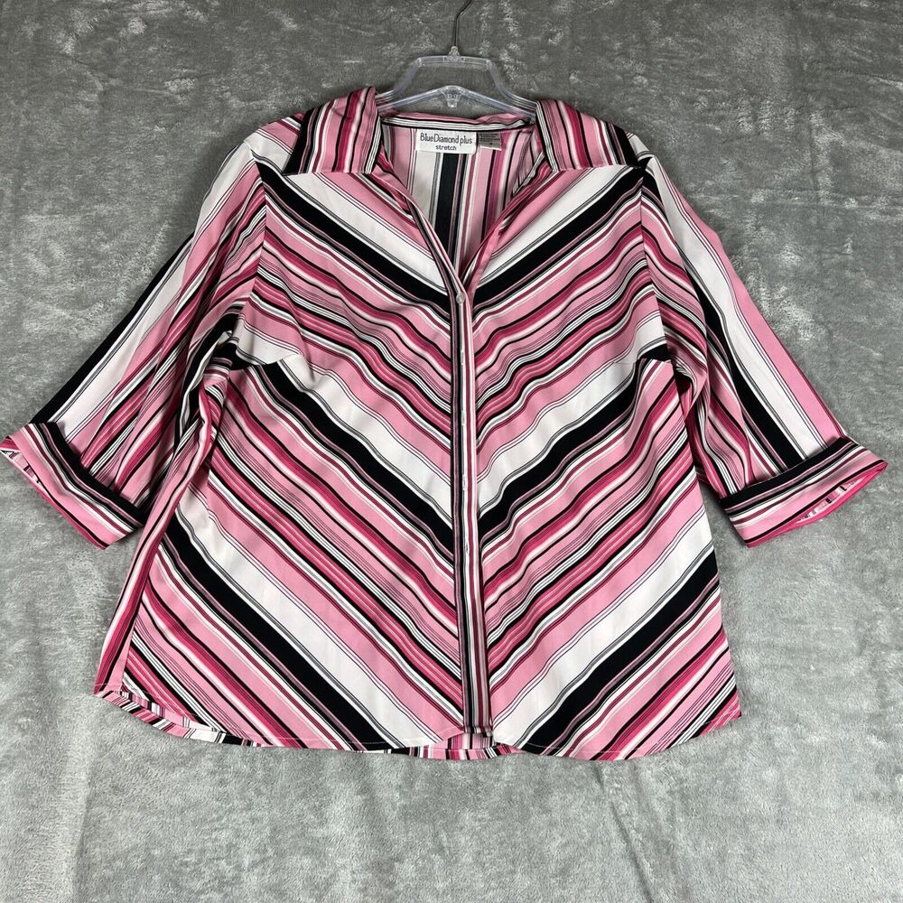 Womens Blue Diamond Plus Size Stretch blouse size 18 Vintage‎ Retro Pink Striped